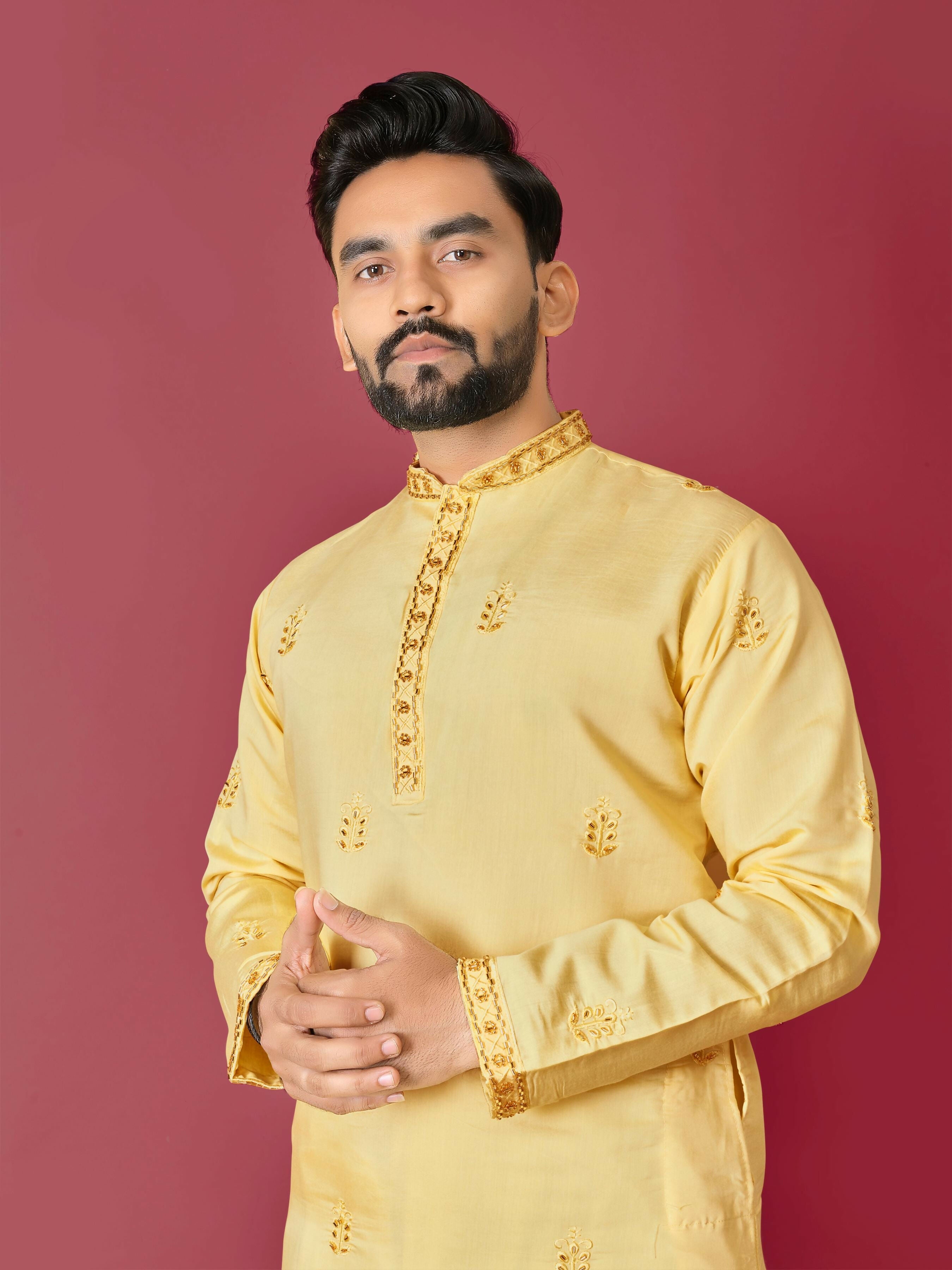Yellow Men's Kurta with Pajama for Haldi by Infinity Export | Grocsy