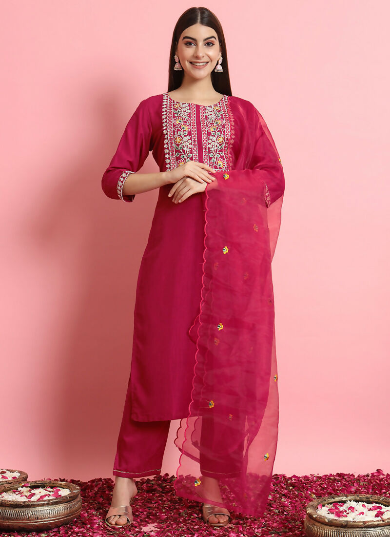 Vellora Rani Pink Embroidered Readymade Suit in Silk Blend for Daily Wear | Grocsy