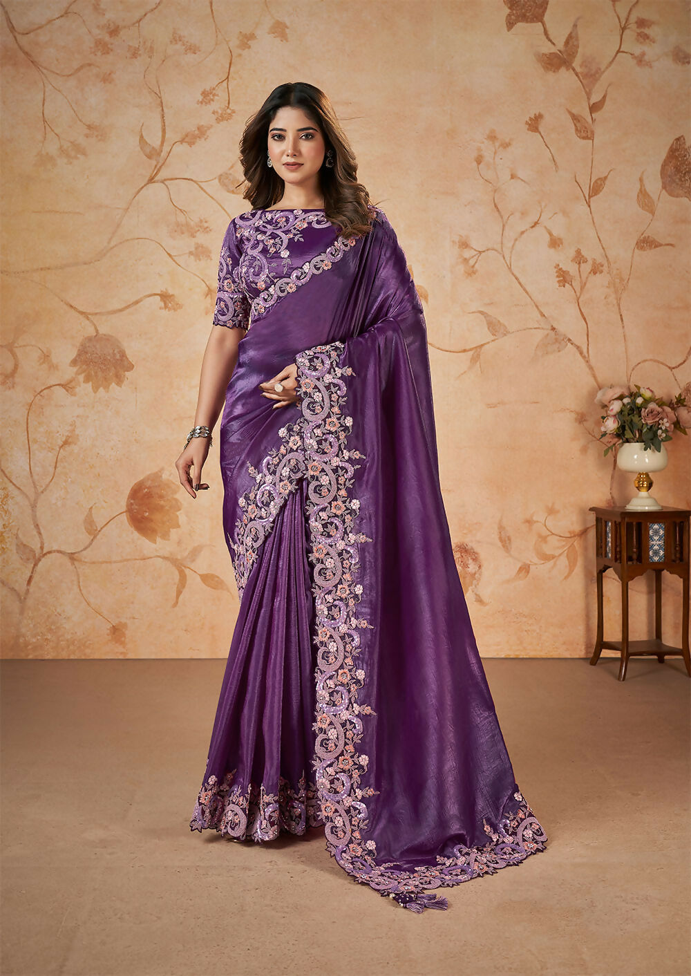 Purple Banarasi Crush Silk Thread, Sequence, Cord Embroidered with Stone & Moti Work Saree - Mohmanthan Dakshika | Grocsy
