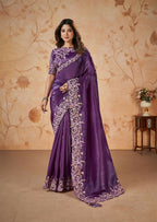 Purple Banarasi Crush Silk Thread, Sequence, Cord Embroidered with Stone & Moti Work Saree - Mohmanthan Dakshika | Grocsy