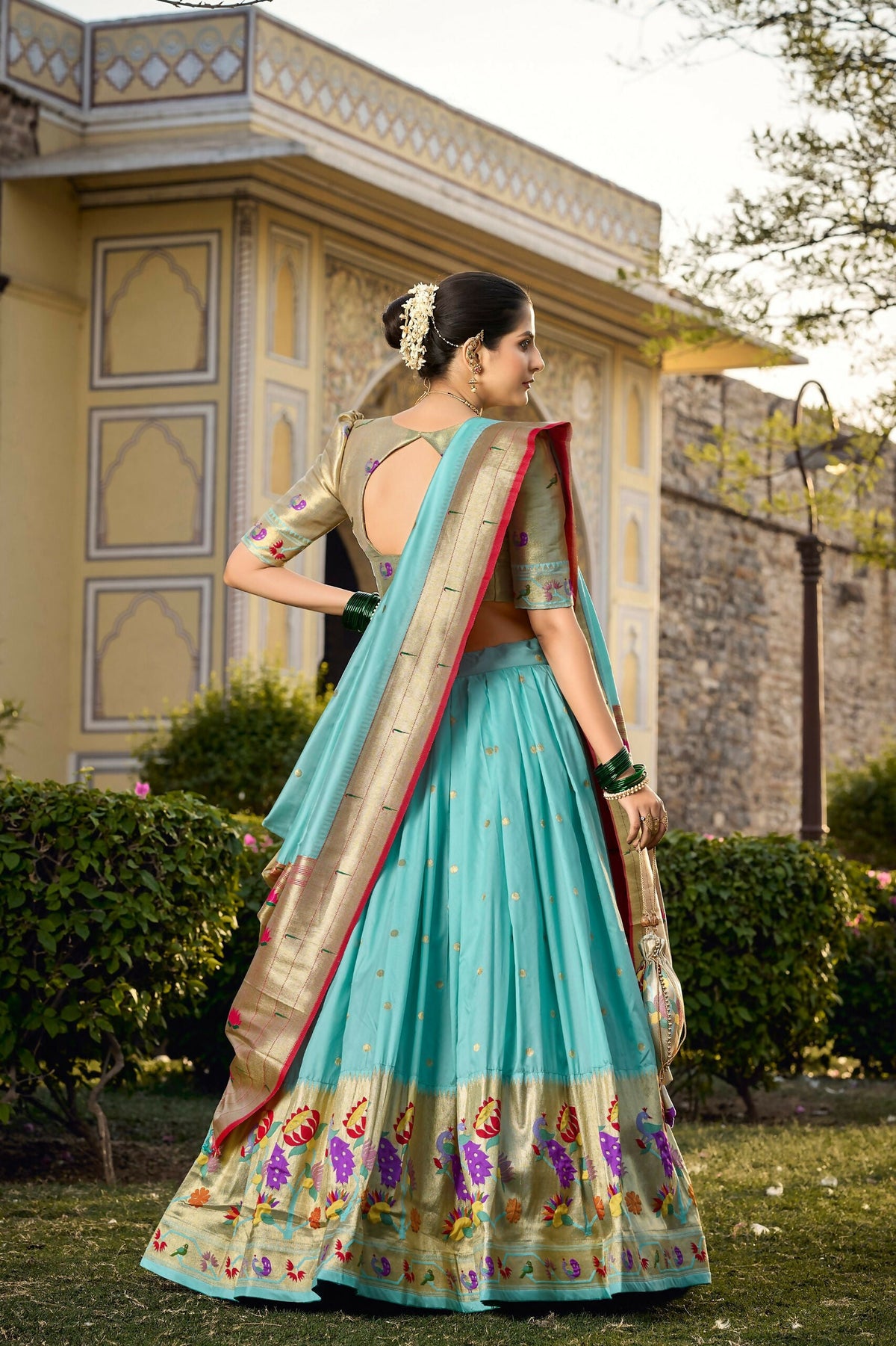 Vastranavya Traditional Jacquard Silk Paithani Lehenga Choli - Sky Blue | Grocsy