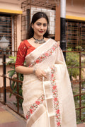 White Pure Linen Woven Design Saree with Unstitched Blouse - Hiral Fashion | Grocsy