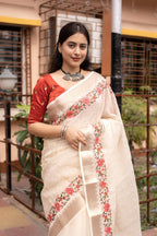 White Pure Linen Woven Design Saree with Unstitched Blouse - A2M | Grocsy