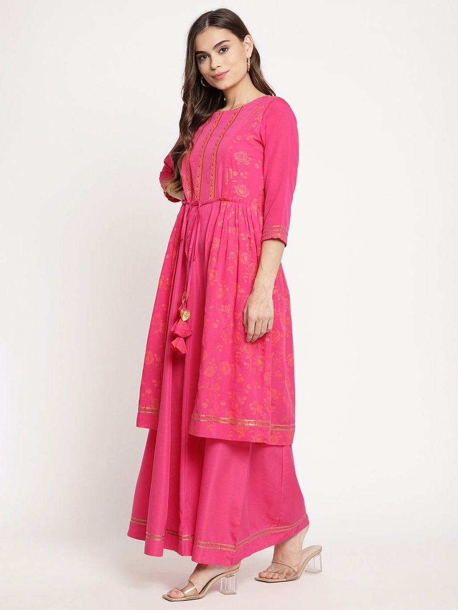 Ahalyaa Dark Pink Crepe Khari Print Dress For Women | Grocsy