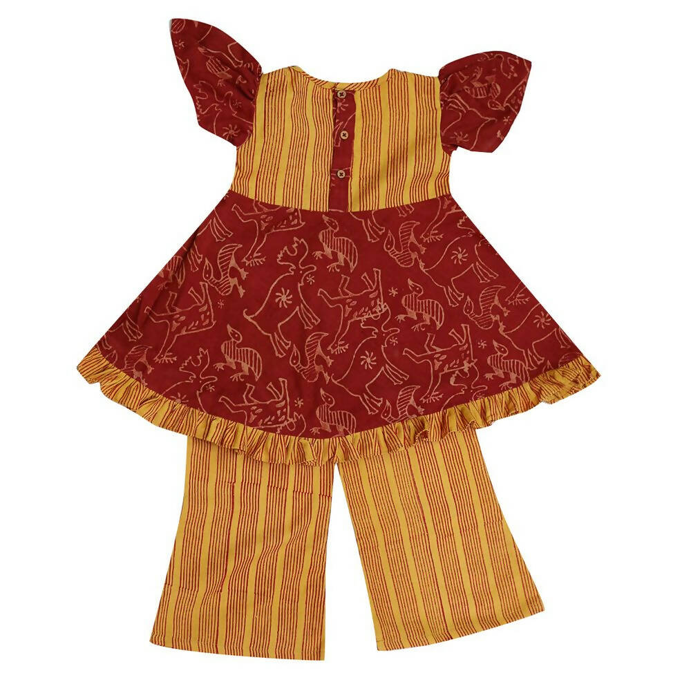 Mhyssa Gathered Sleeves Red Kurta With Full Length Yellow Palazzo Set For Kids | Grocsy