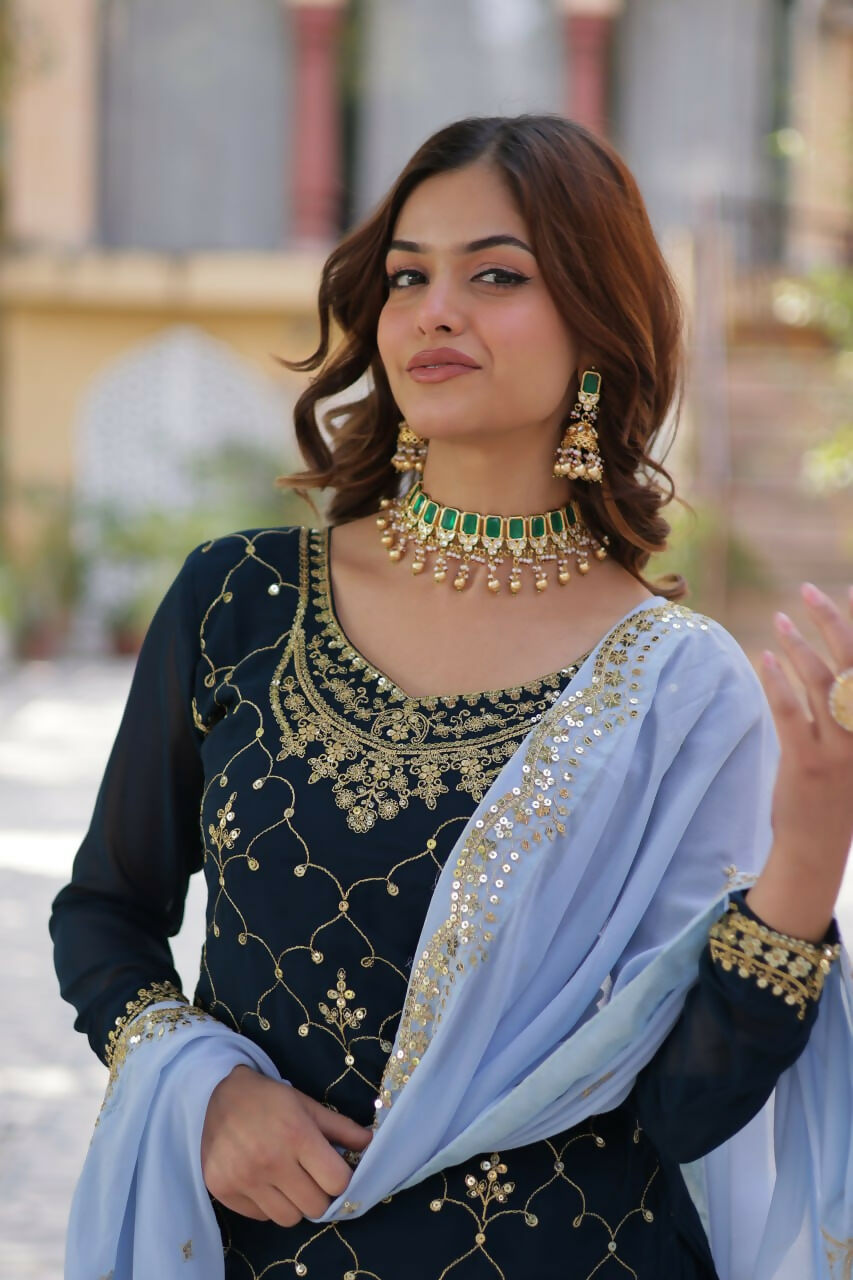 Vastranavya Faux Blooming with Sequins Embroidered Kurti, Palazzo & Dupatta - Teal | Grocsy