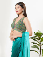 Joban Fashion Green Multi Georgette Padded Blouse With V Neck Sleeveless | Grocsy