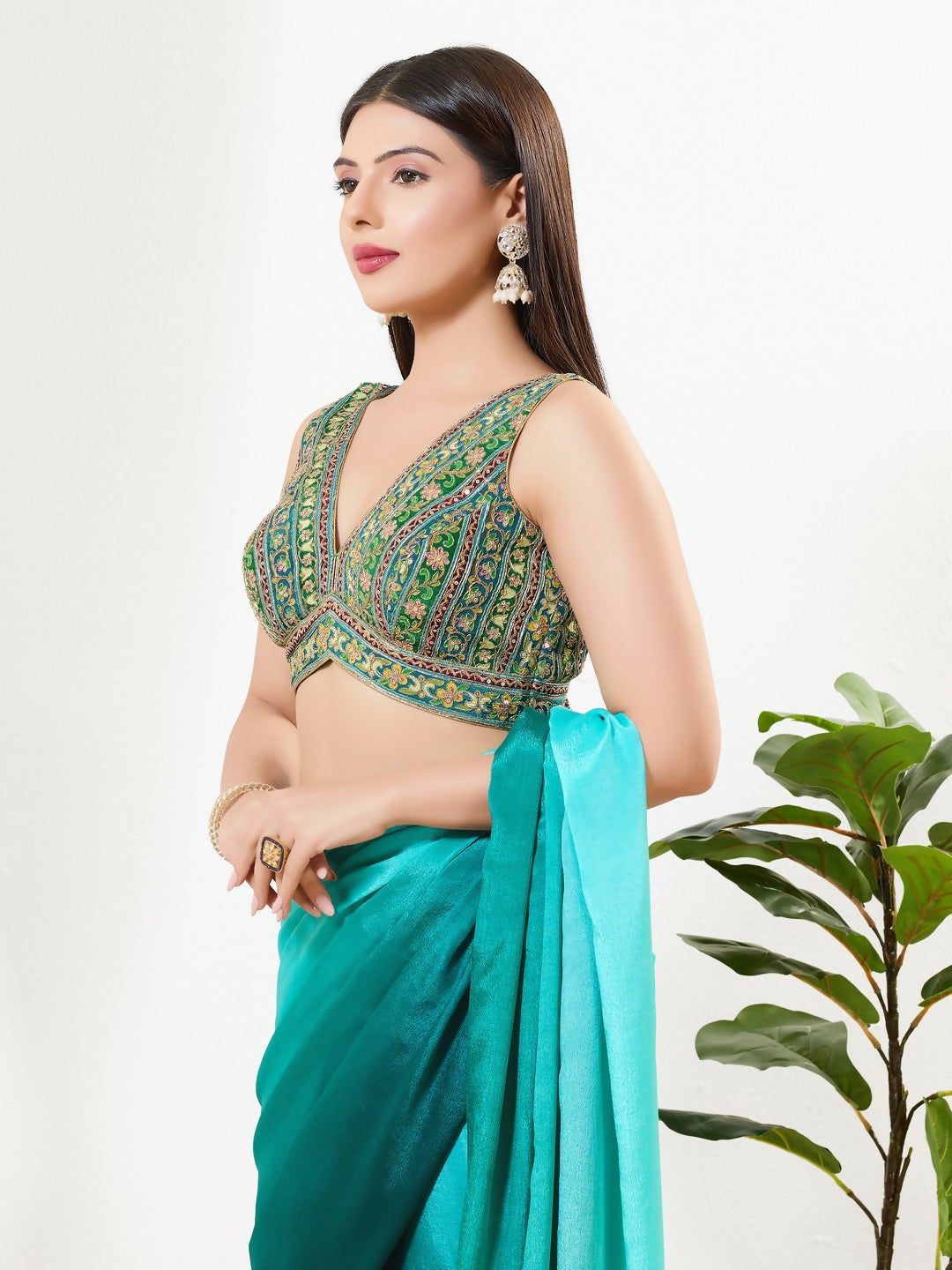 Joban Fashion Green Multi Georgette Padded Blouse With V Neck Sleeveless | Grocsy