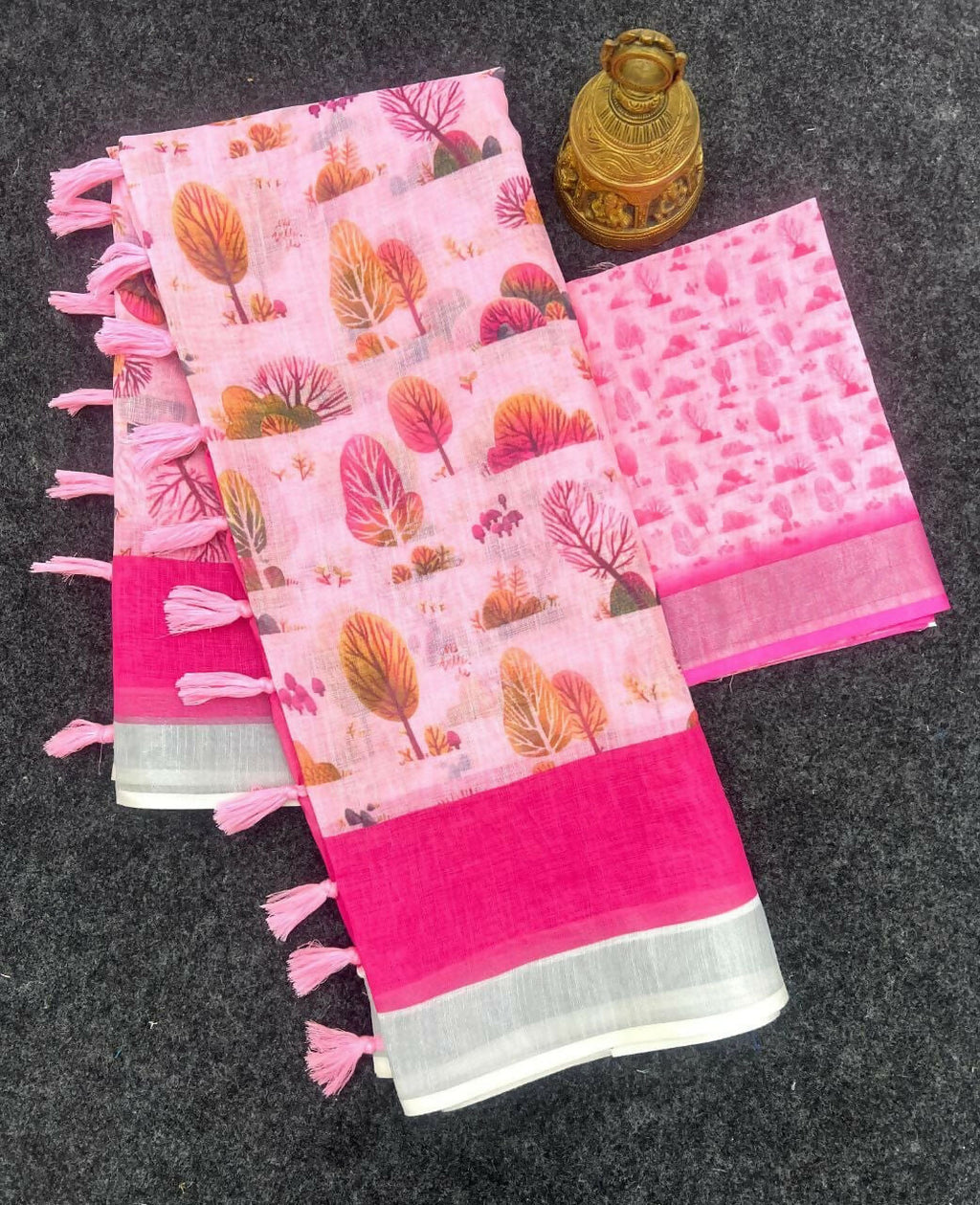 Prime Volt Linen Cotton Pink Printed Saree with Contrast Zari Border and Designer Blouse | Grocsy