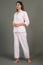 Breathables Women Cotton Night Suit Shirt And Pants Co-Ord Set Pink I Nightwear | Loungewear Set | Grocsy