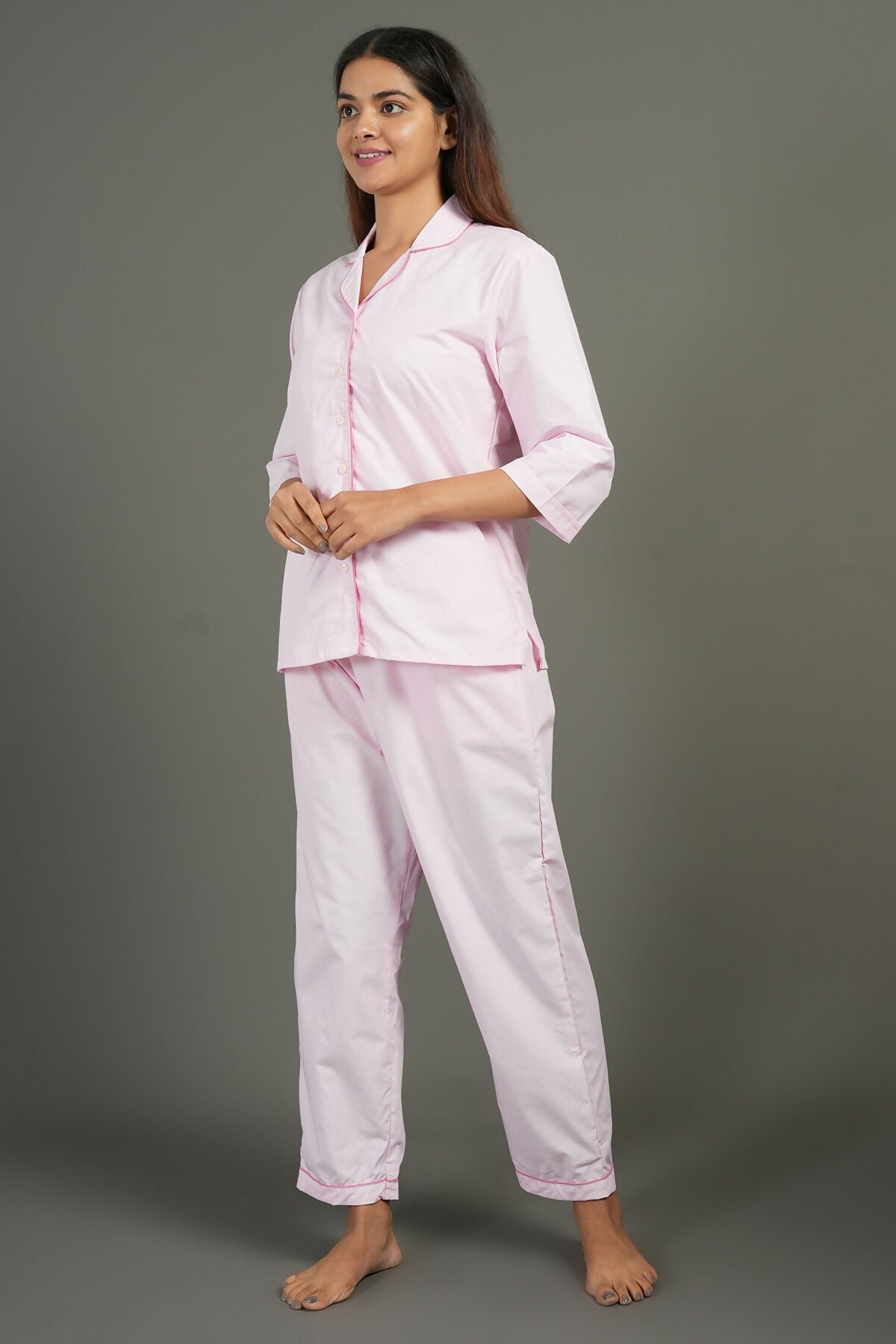 Breathables Women Cotton Night Suit Shirt And Pants Co-Ord Set Pink I Nightwear | Loungewear Set | Grocsy