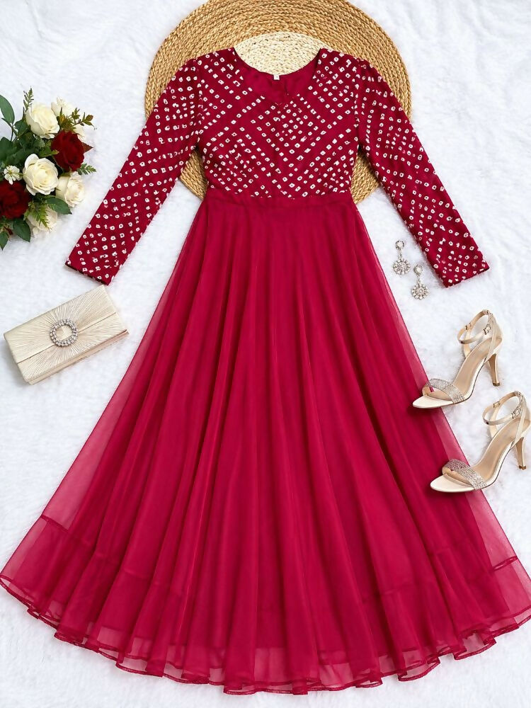 Teeya Creation Women's Pink Bandhani Print Anarkali Gown | Grocsy