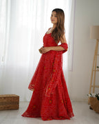 The52 Women's Beautiful Printed Chiffon Bandhej Fabric Flared Anarkali Pant and Dupatta Set | Grocsy