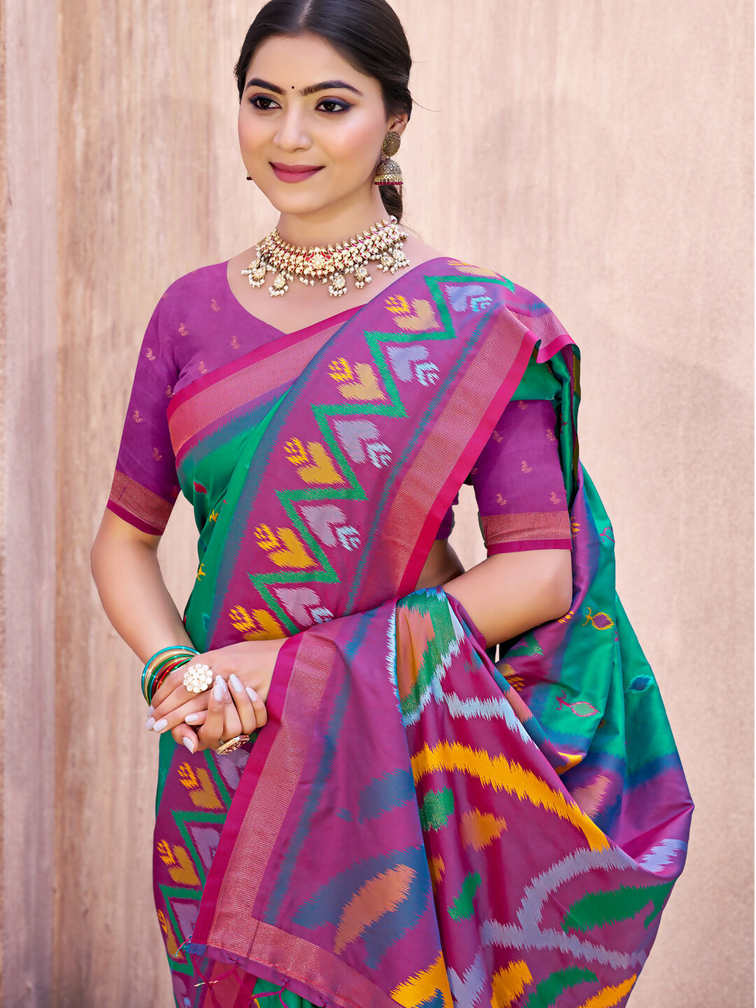 Shree Shyam Fashion Rama Green Pochampally Silk Saree | Grocsy