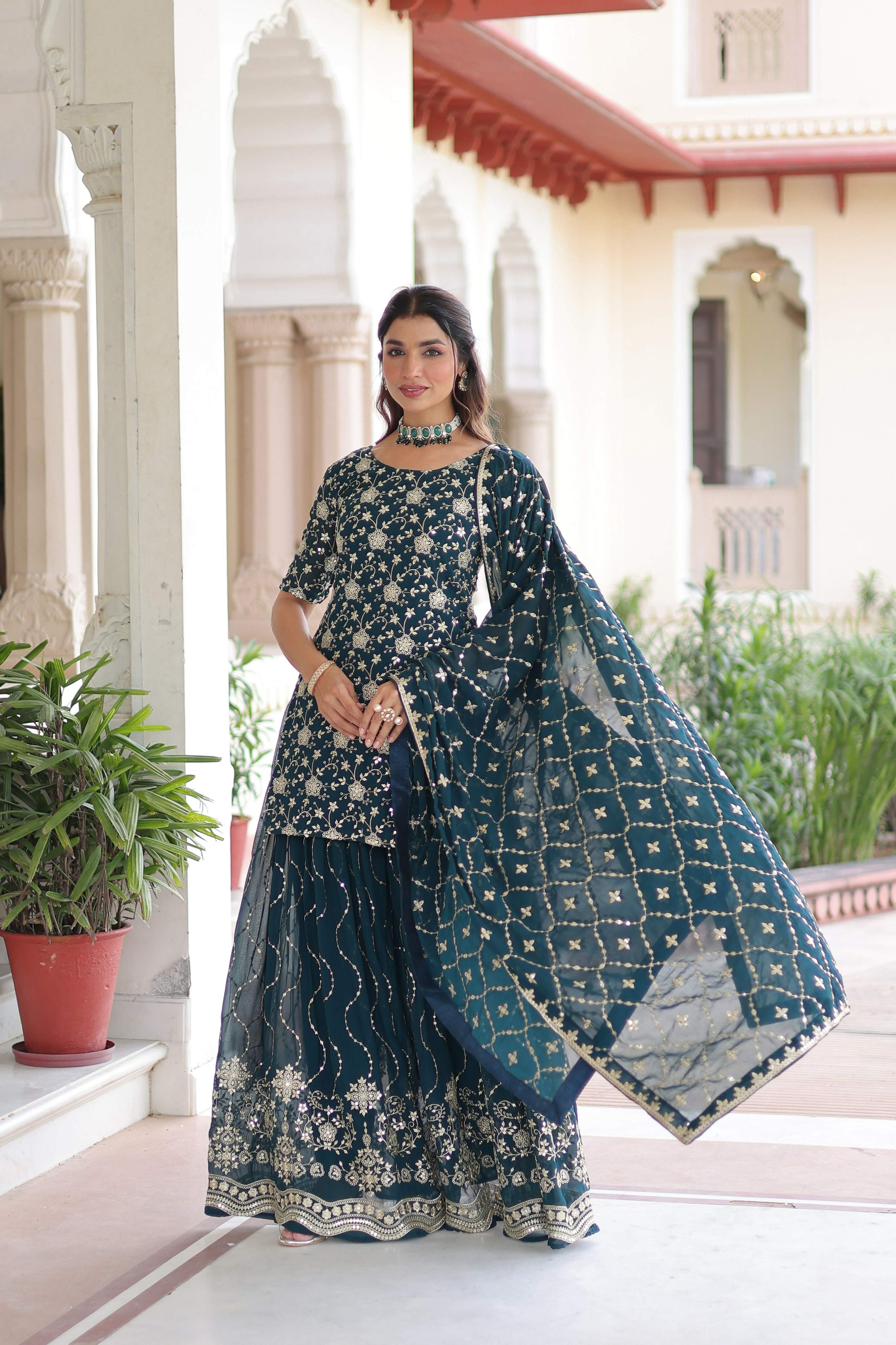 Joban Fashion Rama Green Readymade Kurta Set With Sequence embroidery Work | Grocsy