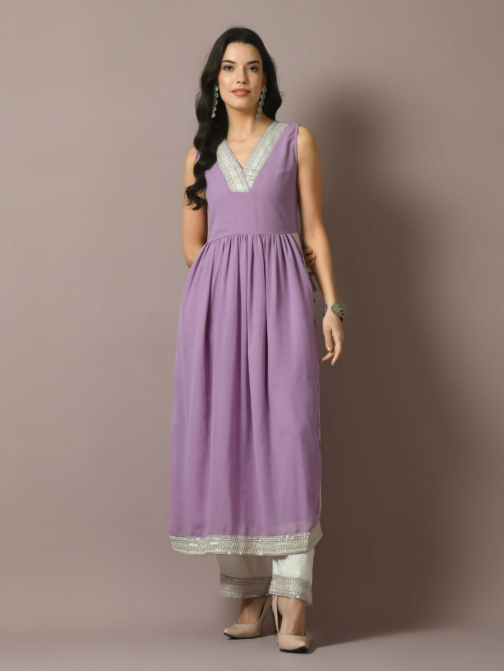 Myshka Women's Lavender Solid Georgette Anarkali Party Kurta Set | Grocsy