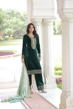 Vastranavya Green Velvet With Rich Sequins & Zari Embroidered Work Top-Bottom With Dupatta | Grocsy