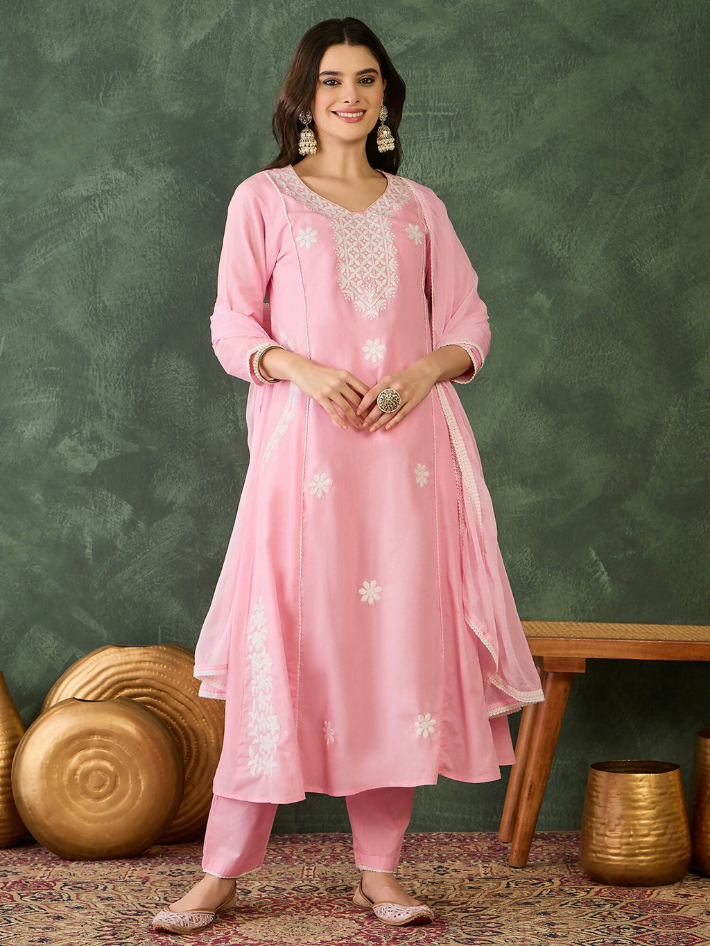 The52 Women's Beautiful Thread Work Cotton satin Fabric Flared Kurta Pant and Dupatta Set-Peach | Grocsy