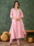 The52 Women's Beautiful Thread Work Cotton satin Fabric Flared Kurta Pant and Dupatta Set-Peach | Grocsy