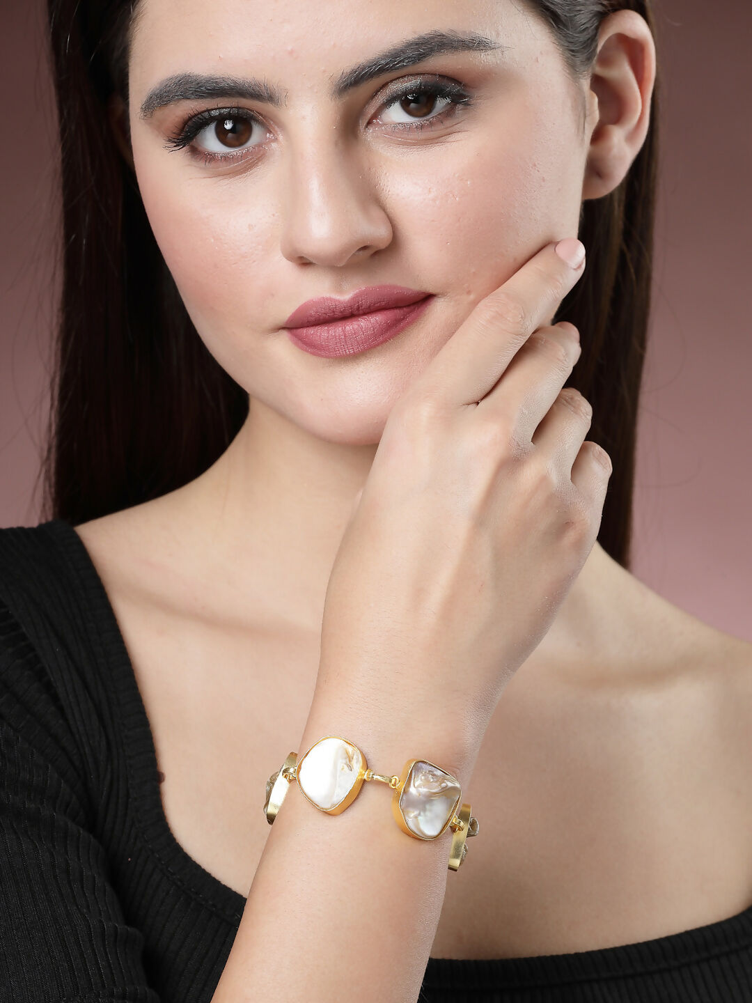 NVR Women's Gold-Polished Handcrafted Mother of Pearl Link Bracelet | Grocsy