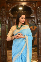 Very Much Indian Handloom Pure Cotton Paithani Peacock Pallu-Sky Blue | Grocsy