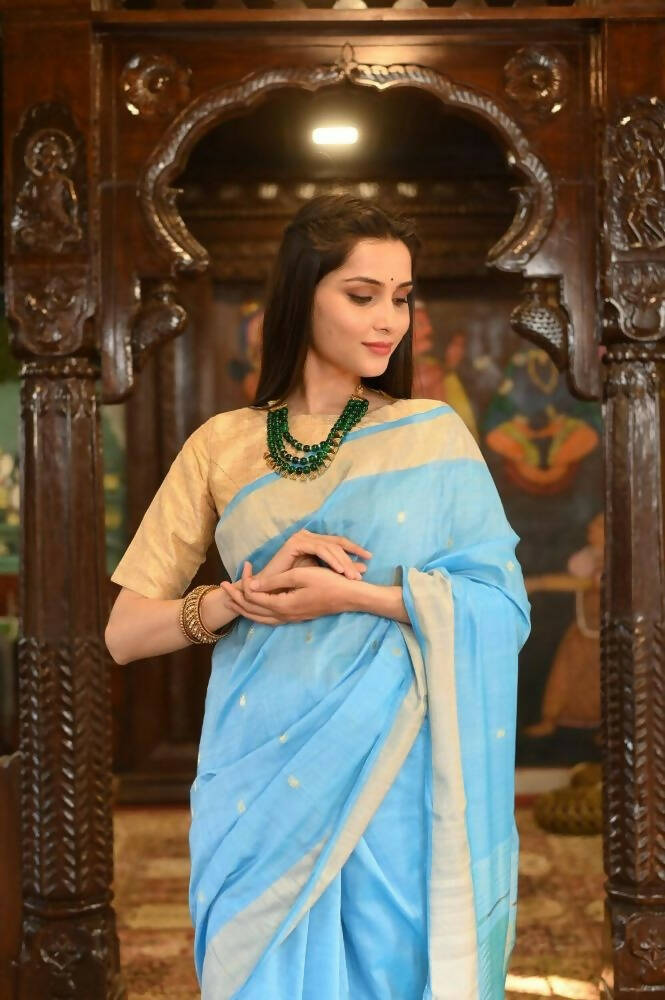 Very Much Indian Handloom Pure Cotton Paithani Peacock Pallu-Sky Blue | Grocsy