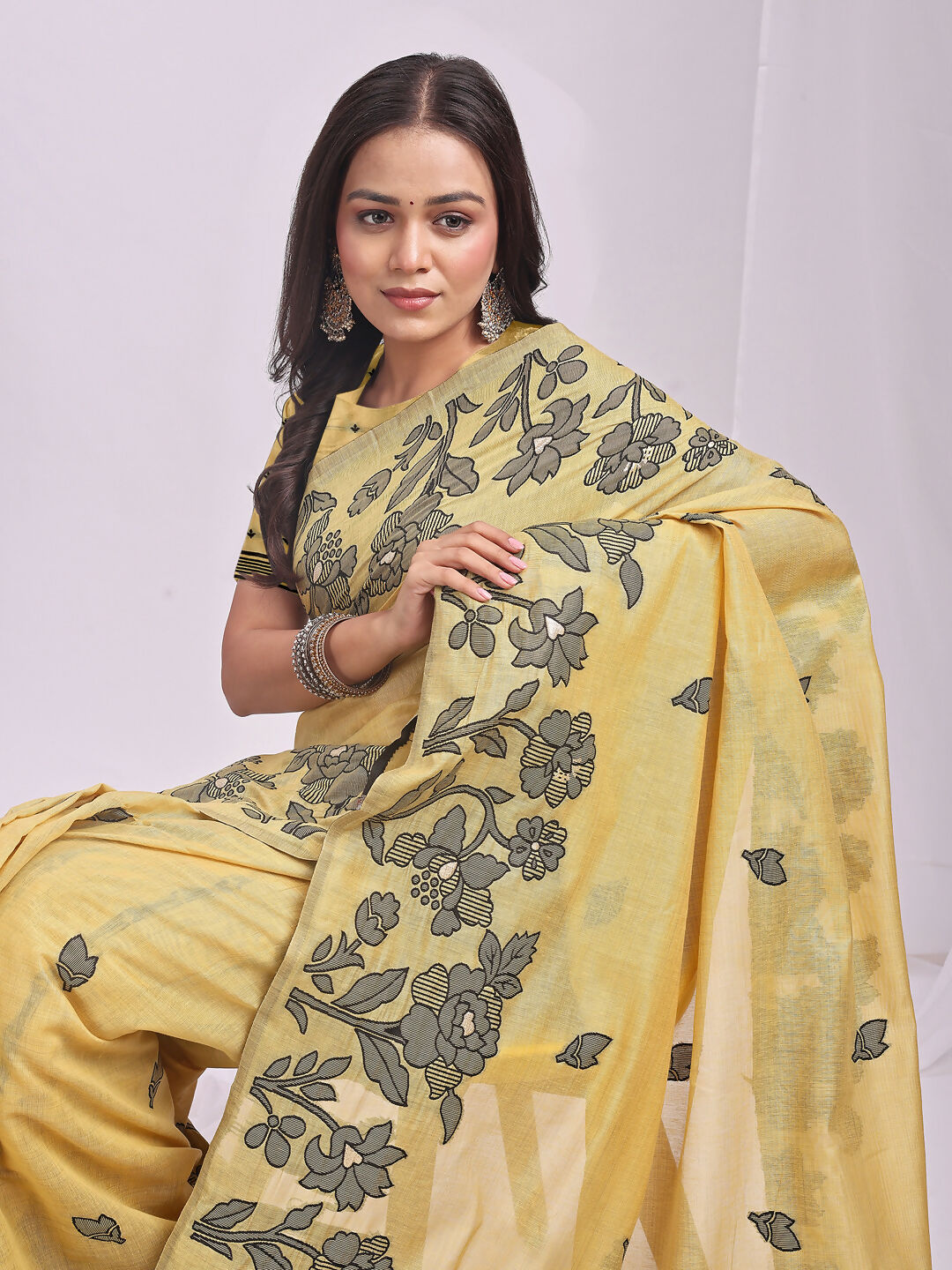 Shree Shyam Fashion Kashira Yellow Linen Cotton Saree | Grocsy