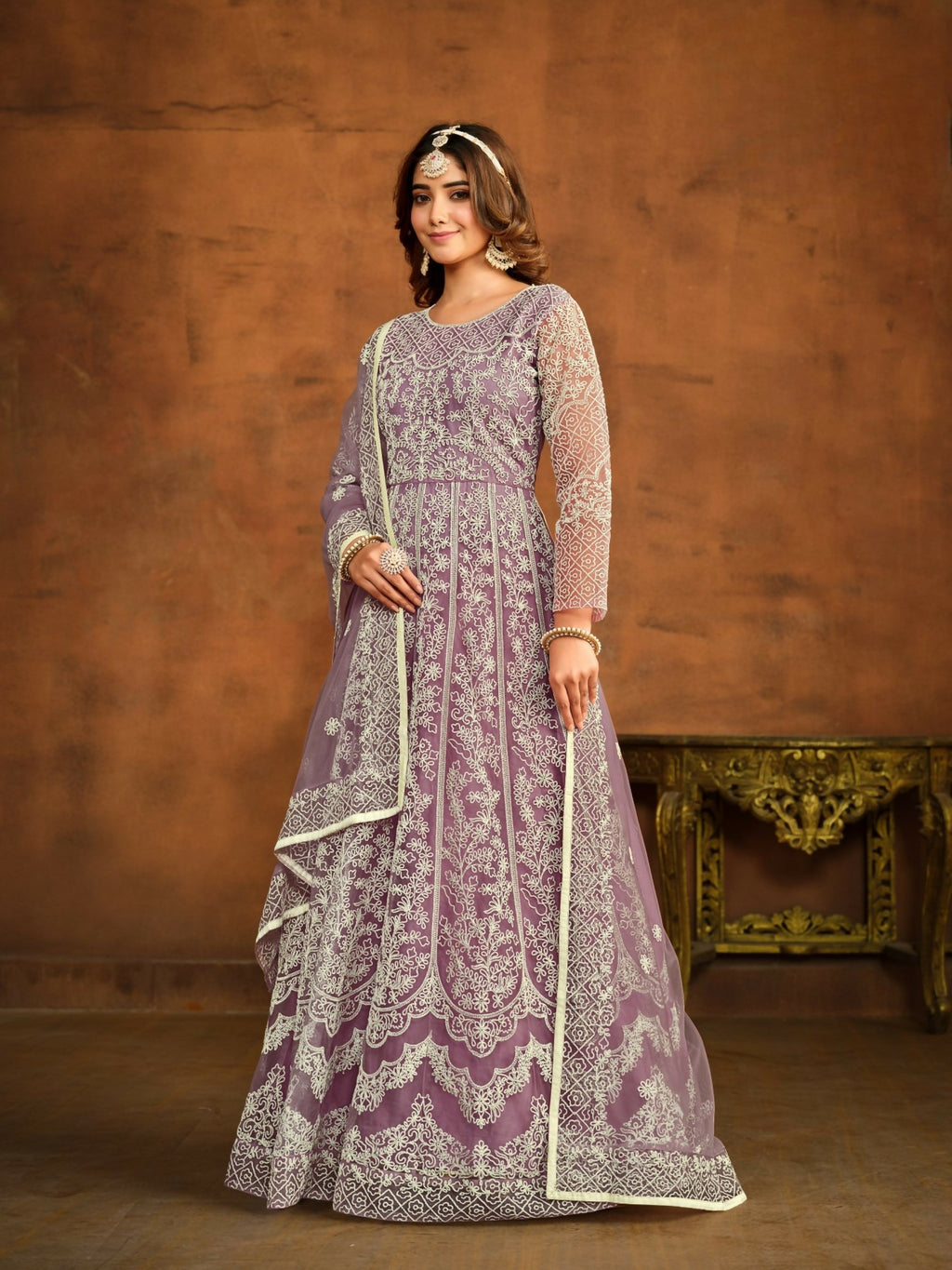 Anaita Lavender Embroidered Net Anarkali Suit | Grocsy