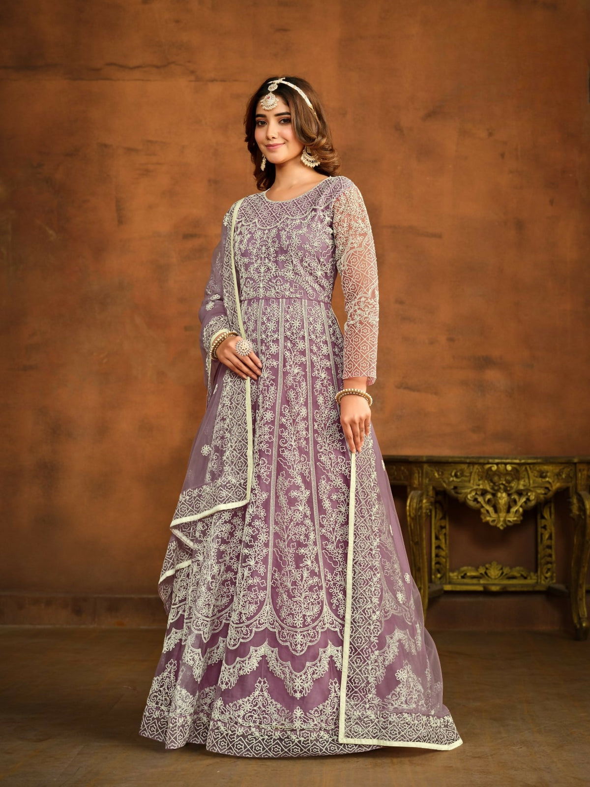 Anaita Lavender Embroidered Net Anarkali Suit | Grocsy