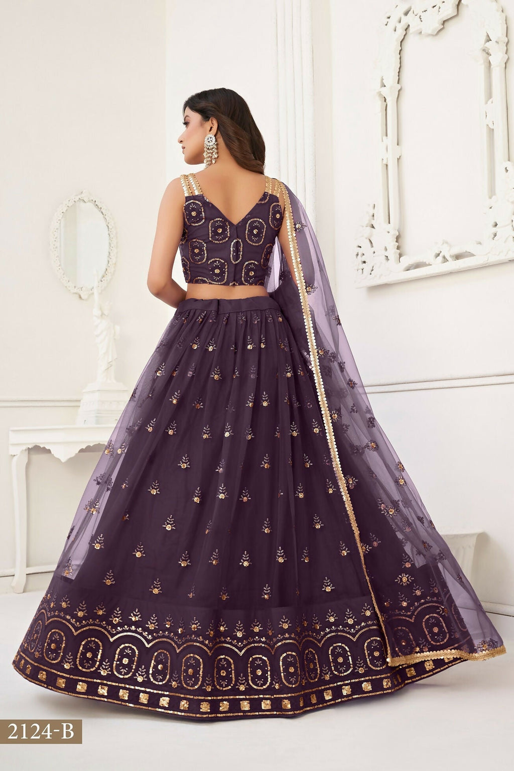 Eilara Women'S Dusty Wine Butterfly Net With Tone Thread Work And Sandwich Embroidered Work Lehenga Choli For Wedding | Grocsy