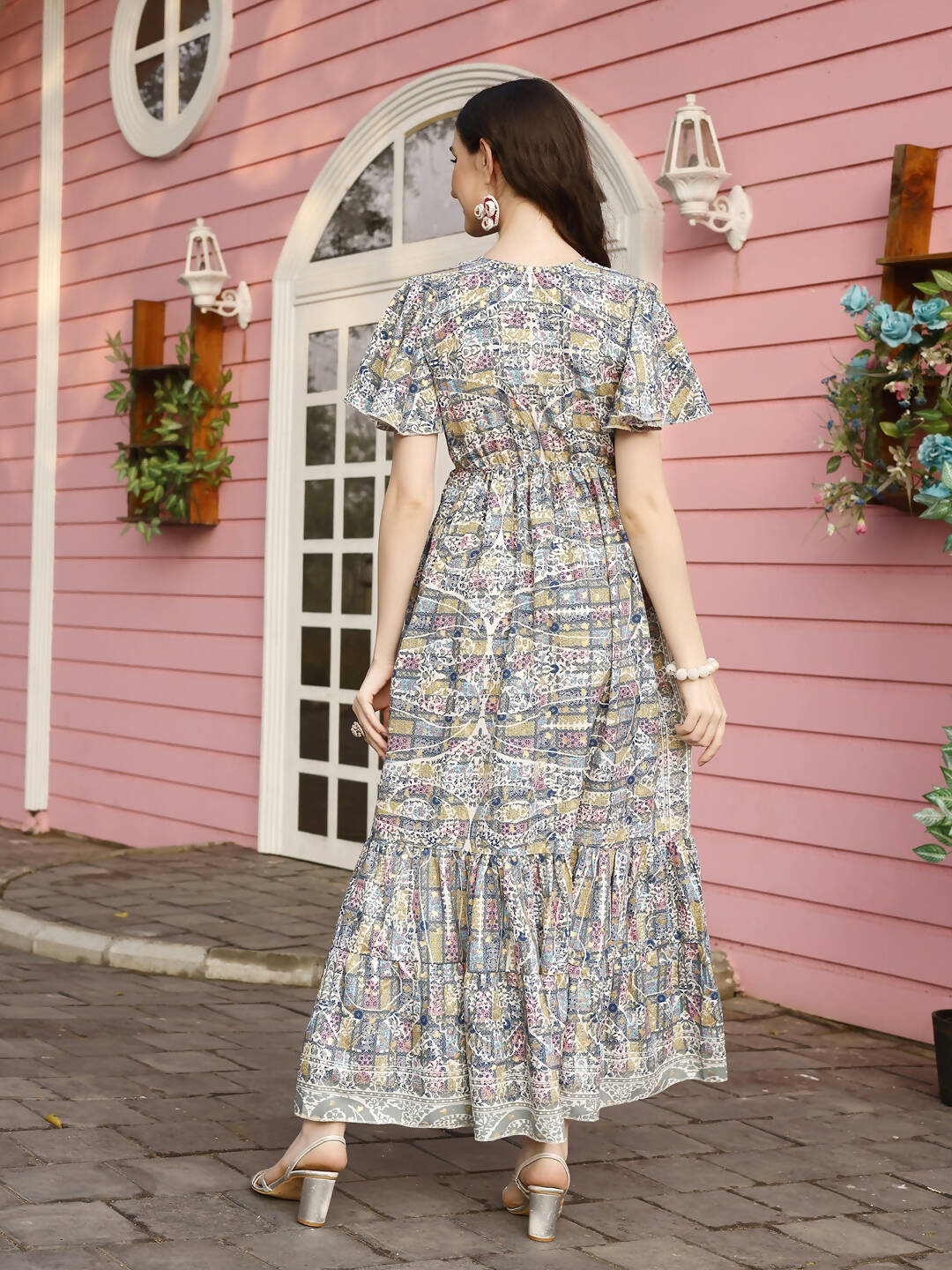 Green Rayon Foil Printed Long Dress - Michan | Grocsy