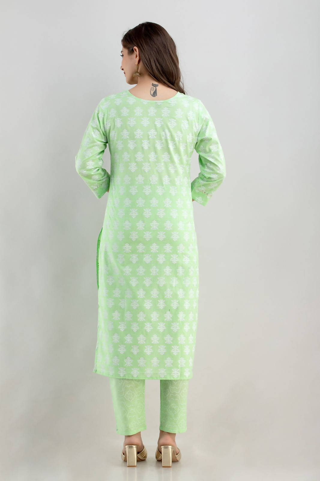 Vamika Printed Cotton Green Party Wear/Casual Wear Kurta Set/Suit | Grocsy
