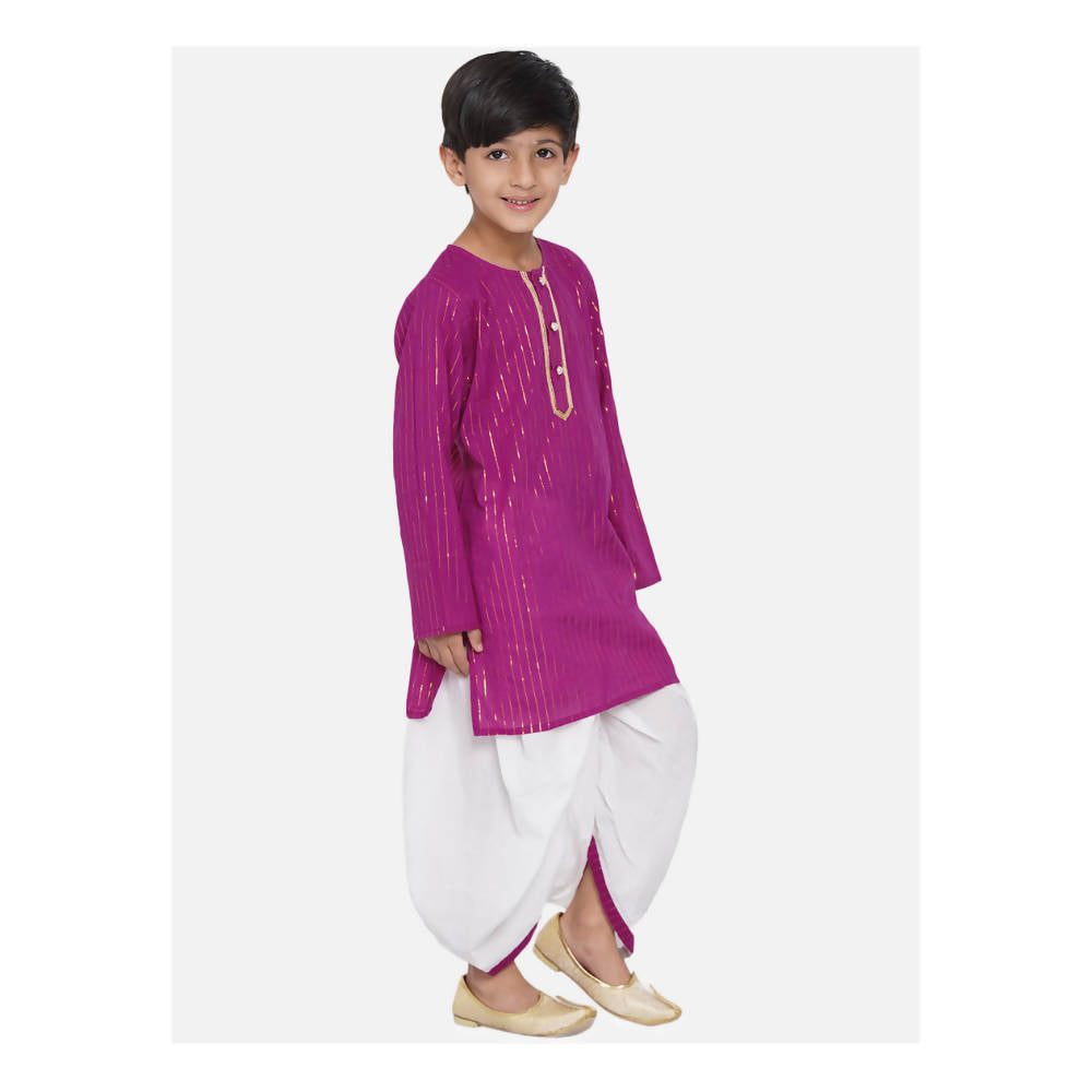 Little Bansi Boys Golden Striped Kurta and Dhoti - Purple and Cream | Grocsy