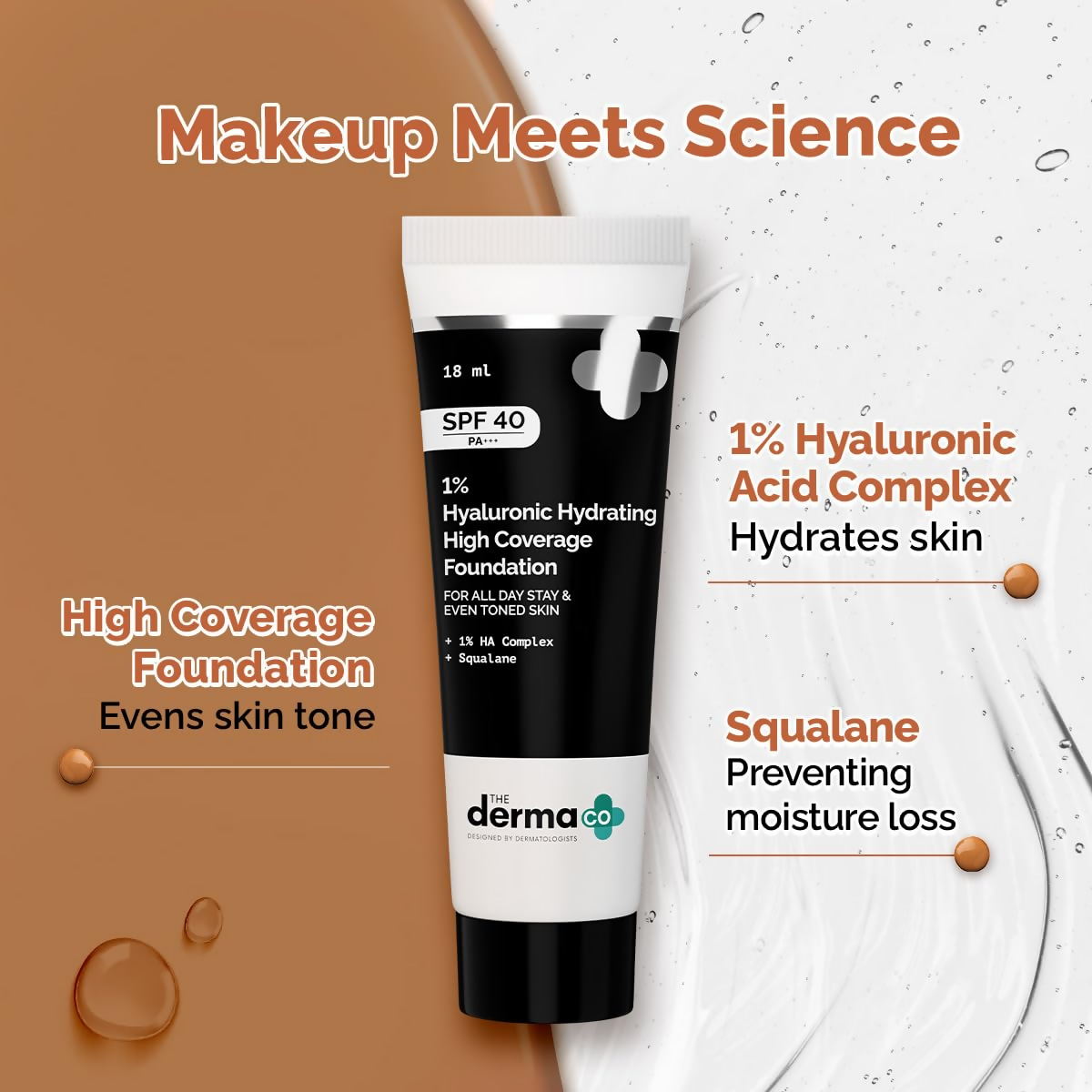 The Derma Co 1% Hyaluronic Hydrating High Coverage Foundation With SPF 40 PA+++ - 07 Cinnamon | Grocsy