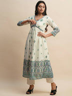 White And Blue Pure Cotton Floral Printed Anarkali Kurta And Bottom With Dupatta - Akashara | Grocsy