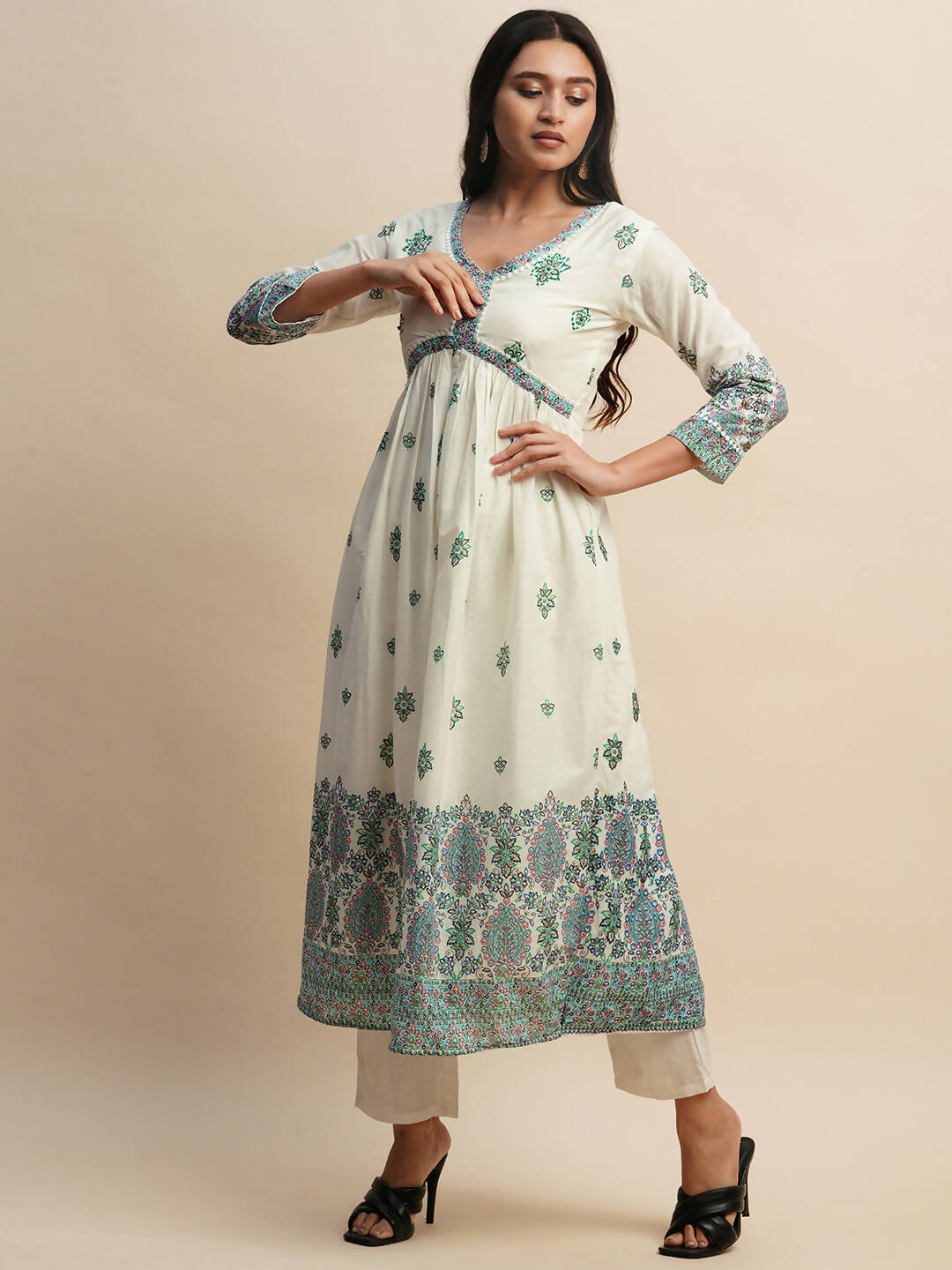 White And Blue Pure Cotton Floral Printed Anarkali Kurta And Bottom With Dupatta - Akashara | Grocsy