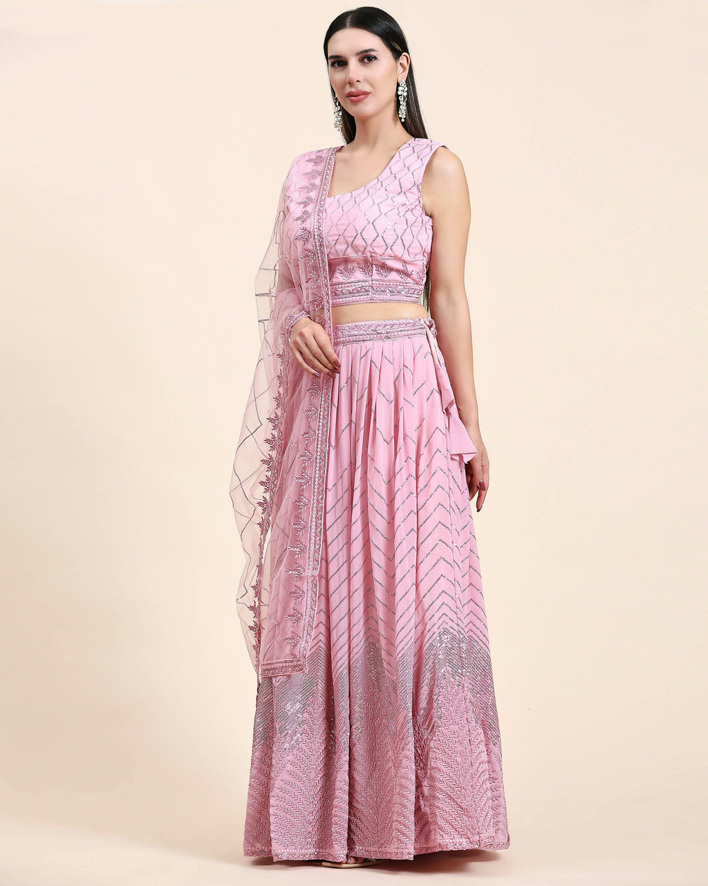 Pink Pure Viscose Georgette Sequence Embroidery work Lehenga Choli with Dupatta - Aakriti | Grocsy