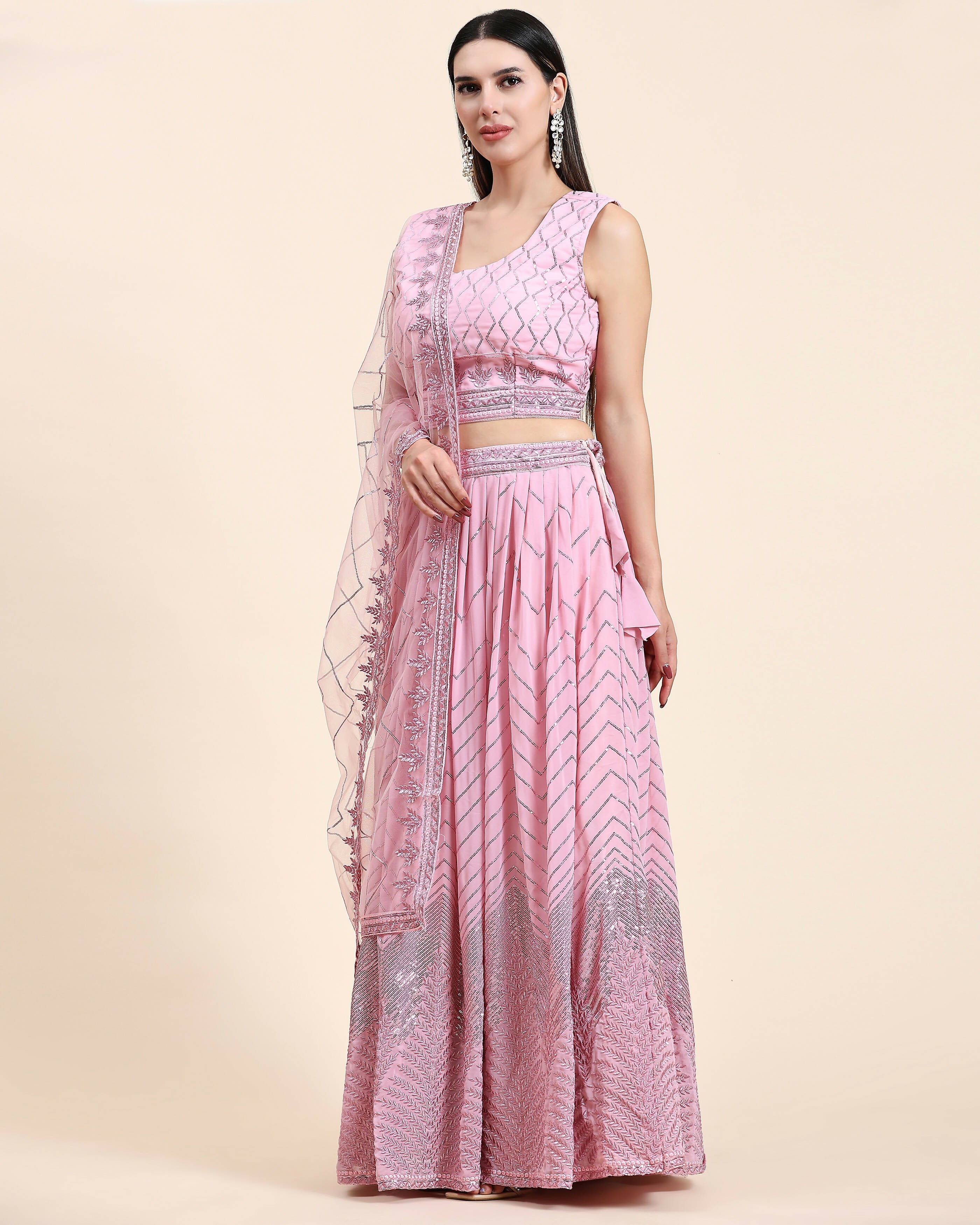 Pink Pure Viscose Georgette Sequence Embroidery work Lehenga Choli with Dupatta - Aakriti | Grocsy