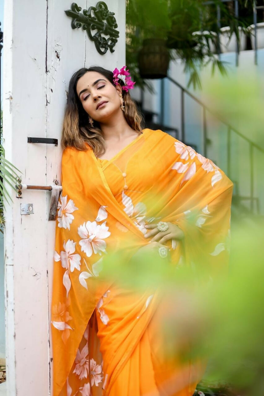 Exclusive Collection Beautiful Orange Pure Cotton Hand Print Handloom Saree With Running Blouse Piece | Grocsy