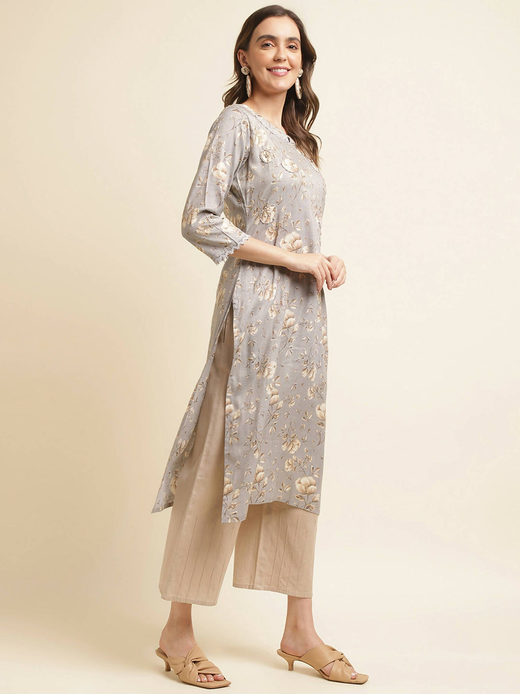Grey Poly Rayon Floral Printed Straight Kurta - Prasuti | Grocsy