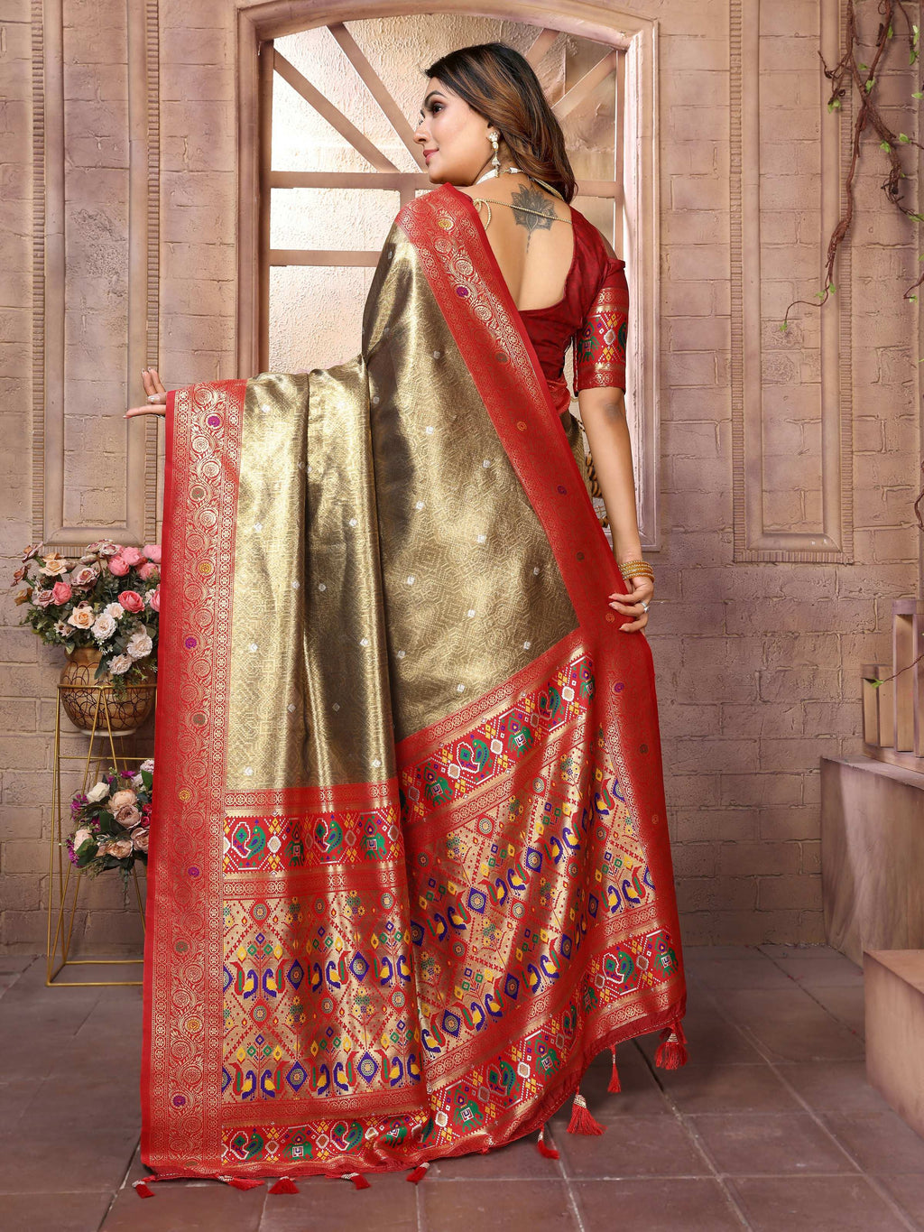 Aastha Fashion Brown Banarasi Tissue Silk Weaving Saree | Grocsy