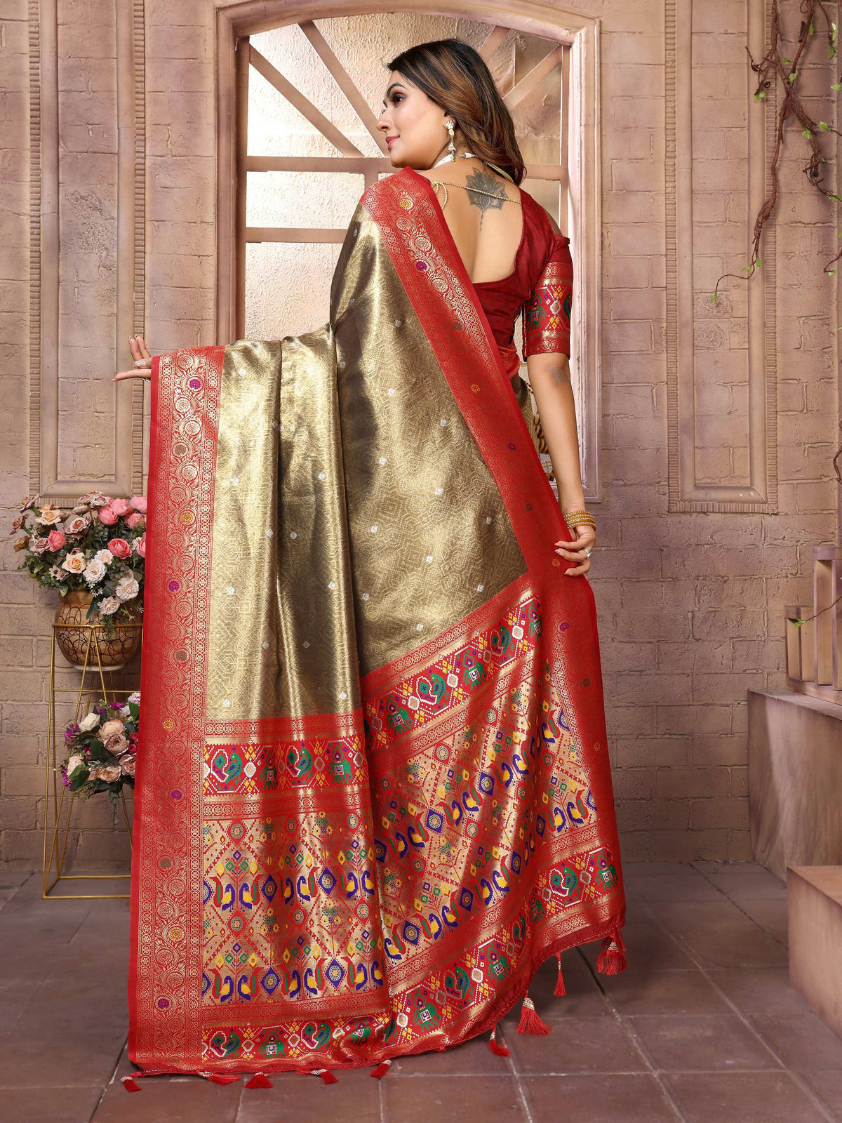 Aastha Fashion Brown Banarasi Tissue Silk Weaving Saree | Grocsy