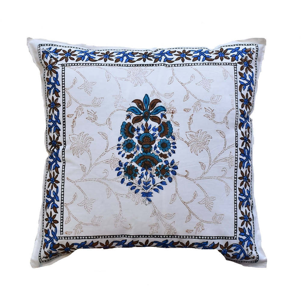 The Decor Nook Blue Floral Print With Blue Brown Border Cushion Cover | Grocsy