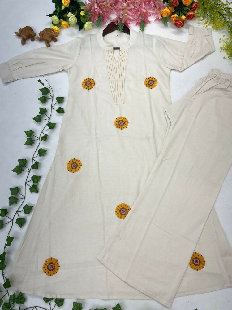 Teeya Creation New Latest Women Off-White & Yellow Embroidered Cotton A-Line Kurta with Trousers | Grocsy