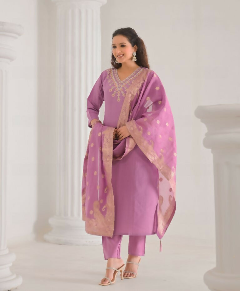 Ethnic Festive Wear Viscose Chanderi Pink Stitched Suit With Dupatta - Tanisha | Grocsy