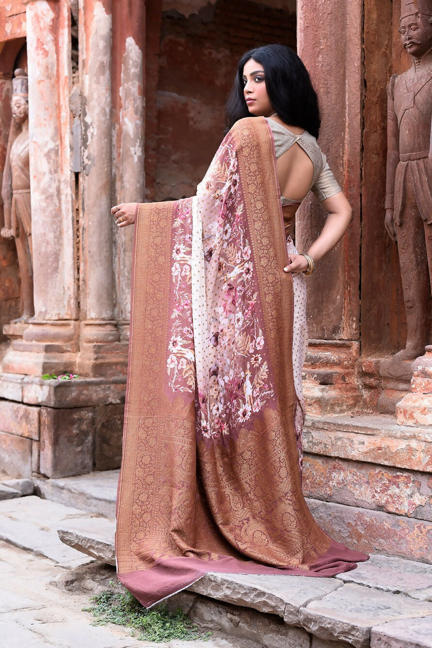 Joban Fashion Ivory And Dusty Rose Crepe Chiffon Pure Handloom Banarasi Silk Saree | Grocsy
