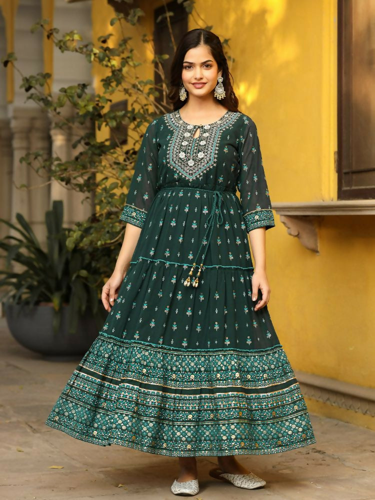 Juniper Green Ethnic Motif Printed Georgette Maxi Dress & Dori With Thread Work | Grocsy