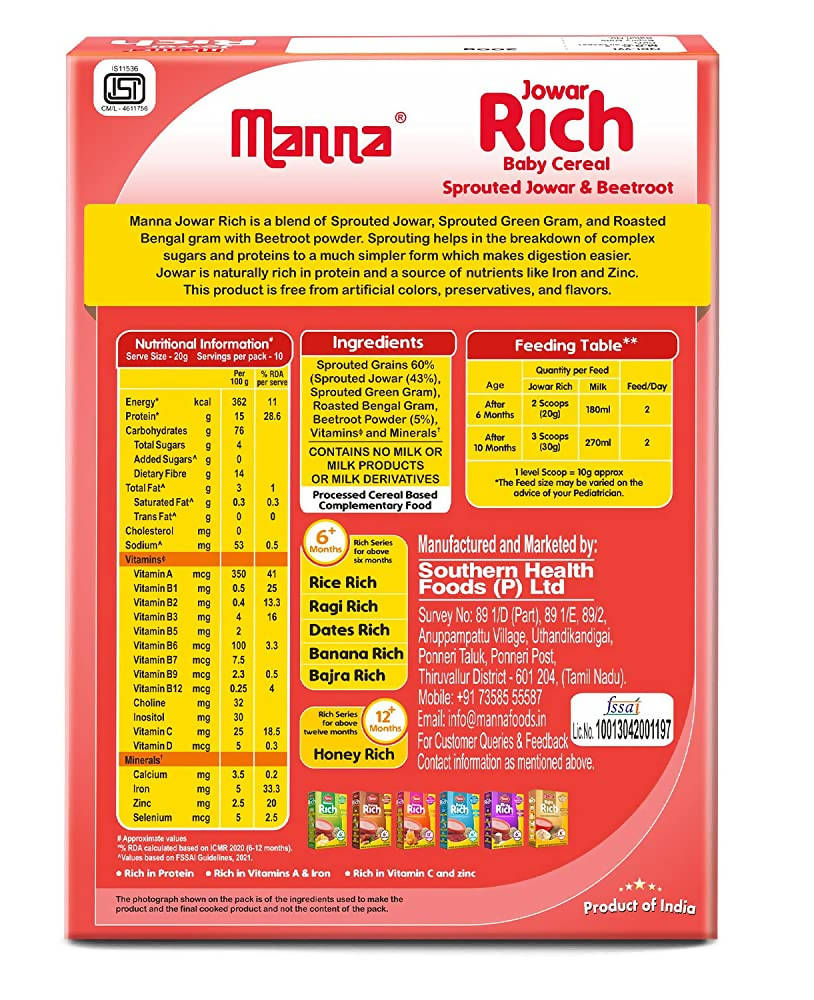 Manna Jowar Rich Baby Cereal For 6+ Months | Grocsy
