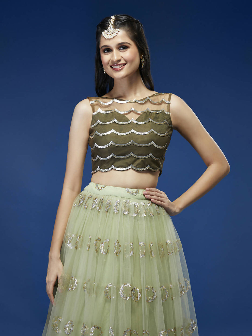 House of Panchhi Lime Green Net Embroideried Round Sequins Lehenga | Grocsy