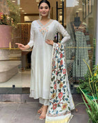 The52 Off White Women's Gorgeous Embroidered Viscose Chanderi Fabric Straight Kurta Pant with Dupatta Set | Grocsy